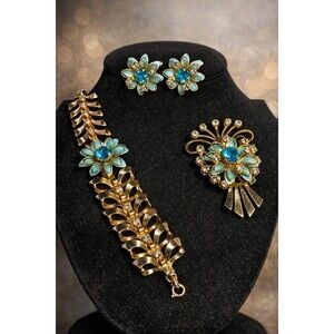 Van Dell 12K GF Daisy Rhinestone Bracelet, Earrings & Brooch Set Vintage